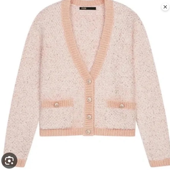 Maje Mission V-Neck Metallic Sequin Cardigan in Pink